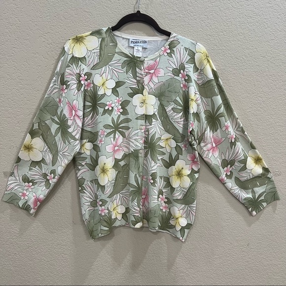 Pendleton Silk Cardigan Sweater Sz L Floral Cream Green Pink Boho Country Casual - Picture 1 of 9